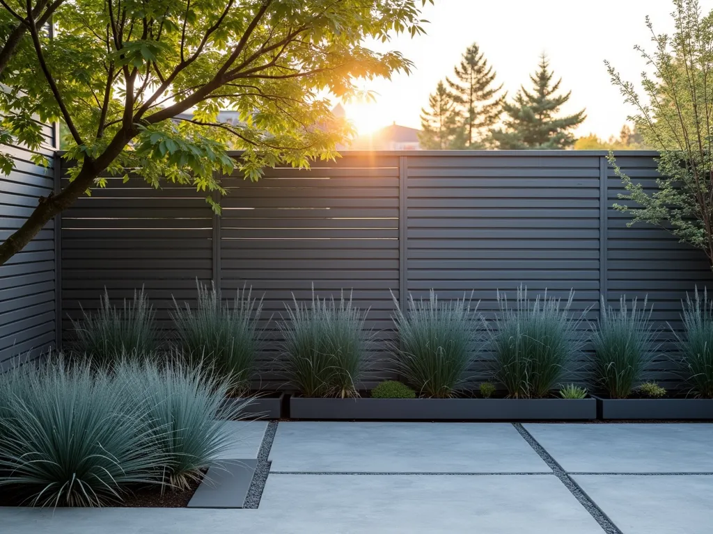 Sleek Grey Horizontal Fence with Modern Garden - A sophisticated modern garden setting at golden hour, featuring a stunning horizontal-slatted grey fence with clean lines and perfect spacing. The fence, painted in a warm pewter grey, creates a contemporary backdrop for architectural plants. A minimalist arrangement of black mondo grass and silver-blue sedge grasses sway gently at the fence base. The wide-angle composition captures the fence's geometric pattern casting elegant shadows across a light grey stone patio, while modern charcoal planters complement the design. Soft evening light filters through a Japanese maple in the corner, creating a peaceful, design-forward outdoor space.