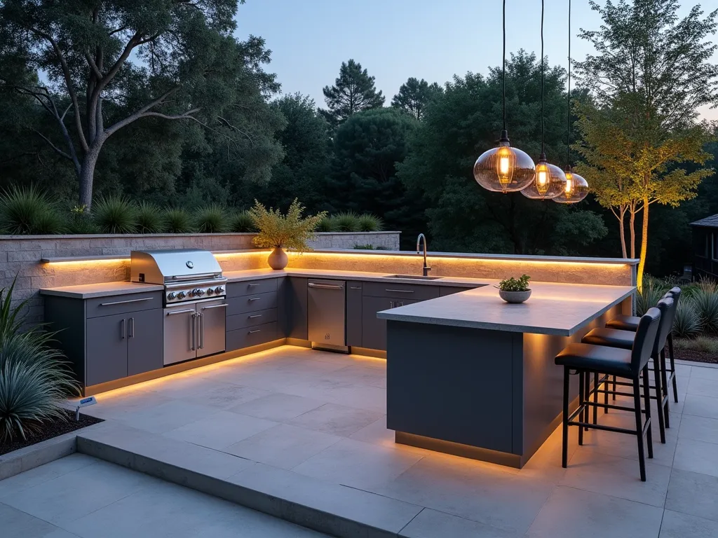 Modern Grey Outdoor Kitchen at Twilight - A sophisticated outdoor kitchen at twilight featuring sleek grey polished concrete countertops and natural stone backsplash, illuminated by warm LED strip lighting. The L-shaped kitchen includes a built-in stainless steel grill, mini fridge, and smoker with matching grey cabinet facades. Contemporary pendant lights hang above a grey quartz waterfall edge island with modern bar stools. Minimalist grey porcelain floor tiles extend to a nearby dining area. Soft landscape lighting highlights architectural planters with ornamental grasses and silver-leafed plants creating an elegant ambiance. The space is photographed from a wide angle to show the integration with the broader patio space, with careful attention to the interplay of artificial and natural evening light on the various grey surfaces.