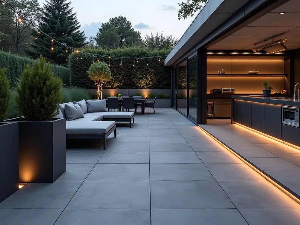 Modern Grey Porcelain Patio at Dusk - A sophisticated modern patio featuring large-format grey porcelain tiles arranged in a clean grid pattern, photographed at dusk with warm ambient lighting. The space includes sleek charcoal outdoor furniture including a contemporary sectional sofa with light grey cushions and a minimalist dining set. Tall rectangular planters in varying heights contain architectural plants, casting dramatic shadows across the porcelain surface. Subtle LED strip lighting outlines the patio edges, while string lights create a warm ambiance overhead. A modern outdoor kitchen with stainless steel appliances blends seamlessly with the grey palette. Shot from a medium-wide angle to showcase the entire entertainment space, with the porcelain tiles' smooth texture clearly visible in the foreground.