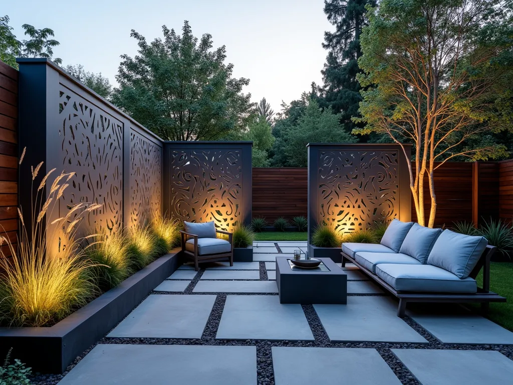 Modern Grey Privacy Screen Garden Sanctuary - A sophisticated modern garden space at dusk featuring elegant powder-coated grey aluminum privacy screens with geometric cutout patterns, creating dramatic shadows on a grey stone patio. The screens are arranged in a staggered formation, partially enclosing a contemporary seating area with light grey outdoor furniture. Tall ornamental grasses and silver-leafed plants soften the screens' edges, while integrated LED lighting casts a warm glow through the geometric patterns. Shot from a wide angle perspective capturing the depth and architectural elements, with the golden hour sun creating luminous highlights on the metallic surfaces. Professional DSLR capture with pristine clarity and perfect exposure, f/8, ISO 100, 1/125 sec.