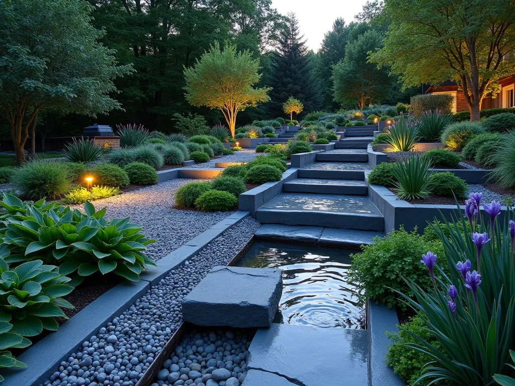 Modern Grey Rain Garden with Natural Water Management - A serene rain garden at dusk featuring multiple levels of smooth grey stone retaining walls and winding channels filled with polished grey pebbles. Water-loving plants like Japanese iris, sedges, and rushes emerge from beds of slate-colored gravel, creating a lush but structured appearance. A gentle stream of rainwater flows through the stone channels, illuminated by subtle landscape lighting. The garden includes tiered plantings with lady ferns and hostas providing texture against the grey hardscaping. Wide-angle shot capturing the complete water management system with the garden naturally terraced into the landscape, showcasing both functionality and aesthetic appeal in modern garden design.