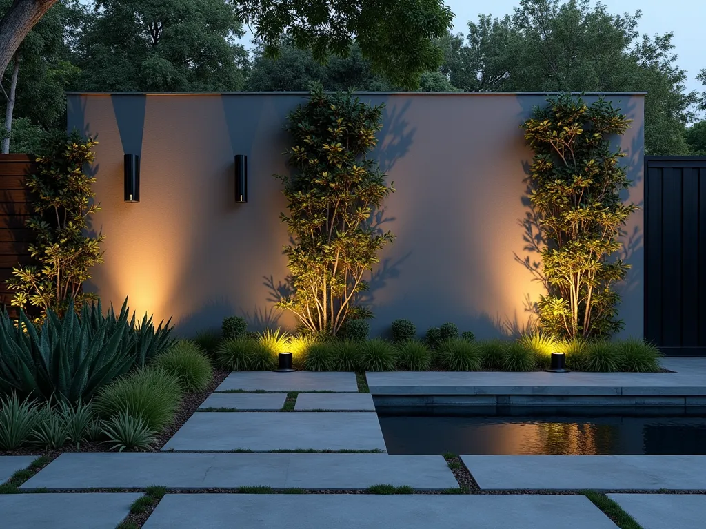 Modern Grey Garden Wall with Climbing Vines - A twilight scene of a modern garden featuring sleek, smooth grey rendered walls in two contrasting tones of warm and cool grey. The walls are adorned with carefully trained Virginia creeper and jasmine vines creating organic vertical interest. Dramatic uplighting casts theatrical shadows on the rendered surface, while modern metallic sconces provide ambient illumination. The foreground features a contemporary water feature and minimalist grey stone pavers. Shot from a medium-wide angle to showcase the interplay of light and shadow on the textural wall surface, with the climbing plants softening the geometric lines.