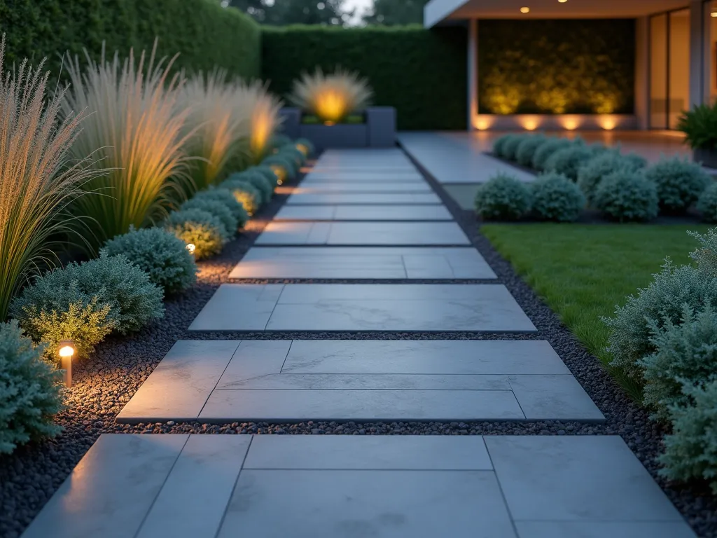 Modern Grey Slate Garden Path - A modern garden pathway at dusk featuring large-format charcoal grey slate tiles arranged in a clean geometric pattern, photographed from a low angle perspective. The path is flanked by soft, cascading Creeping Thyme and Silver Bush ground cover, creating a striking contrast against the smooth slate surface. LED path lighting casts a warm glow along the edges, highlighting the sophisticated texture of the stone. In the background, architectural grasses and modern planters fade into a beautifully landscaped garden setting, while the slate's surface reflects the day's last light, emphasizing its premium finish and contemporary appeal. Photorealistic, ultra-detailed, 8K quality.