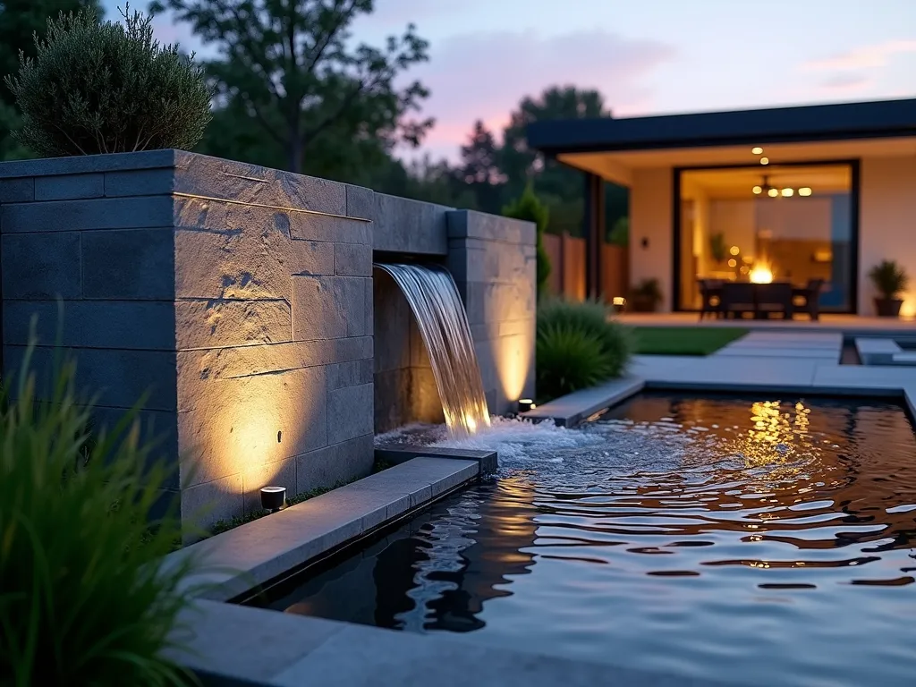 Modern Grey Stone Water Feature at Dusk - A stunning contemporary garden water feature photographed at dusk, featuring a sleek 6-foot tall rectangular grey stone wall with cascading water creating gentle ripples in a minimalist reflection pool below. The water feature is flanked by strategic LED uplighting that highlights the textured grey stone and dancing water. In the foreground, low-growing ornamental grasses sway gently, while the background shows a modern patio space with clean lines. Captured with a wide-angle lens creating depth, with the warm sunset sky reflecting in the water's surface, shot at f/8 for perfect detail in both the stone texture and water movement. Professional DSLR photography with natural and artificial lighting balanced to showcase the sophisticated grey tones and water movement.