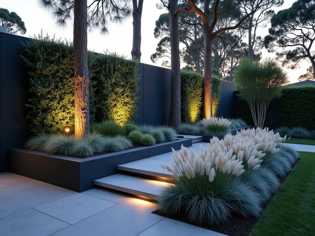 Modern Silver-Grey Garden Haven - A stunning modern garden bed at dusk features cascading Dichondra 'Silver Falls' draping elegantly over dark grey stone planters. Tall, silvery Eucalyptus trees create a dramatic backdrop, their leaves catching the last rays of sunlight. Feathery Mexican Feather Grass and Blue Fescue ornamental grasses sway gently in the foreground, creating a sophisticated monochromatic palette. The garden bed is bordered by sleek concrete pavers, while minimalist LED ground lighting casts a soft glow on the silver foliage, creating an ethereal atmosphere. A modern architectural wall in charcoal grey provides structural contrast to the soft, flowing plants. Shot from a low angle to emphasize the dramatic silvery cascade effect.