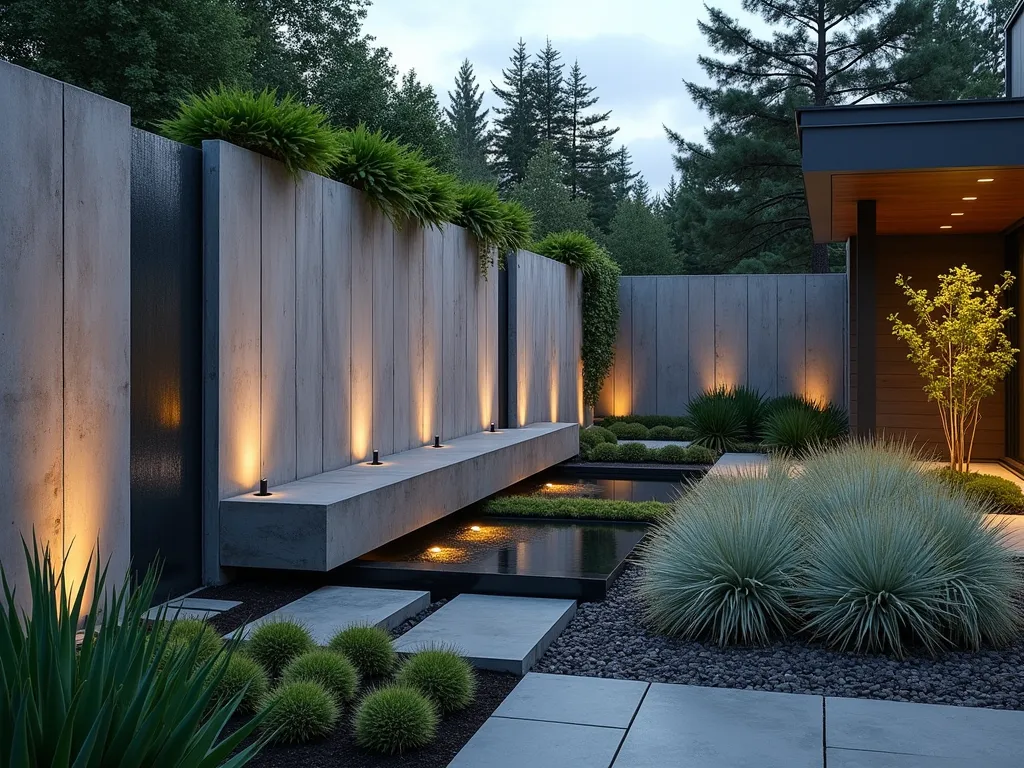 Modern Textured Grey Wall Garden at Dusk - A sophisticated modern garden featuring a dramatic board-formed concrete wall with vertical striations, photographed at dusk using a wide-angle lens. The textured grey wall spans 15 feet, illuminated by subtle uplighting that emphasizes its raw, architectural texture. In the foreground, a carefully curated arrangement of silver-green succulents, tall ornamental grasses, and Japanese forest grass creates a striking contrast against the wall. A sleek water feature trickles down one section of the wall, catching the warm evening light. The composition includes a modern floating bench in dark grey concrete, while trailing ivy softens the wall's upper edge. Shot with shallow depth of field to highlight the wall's tactile qualities, with the garden elements creating organic shadows against the geometric patterns of the concrete.