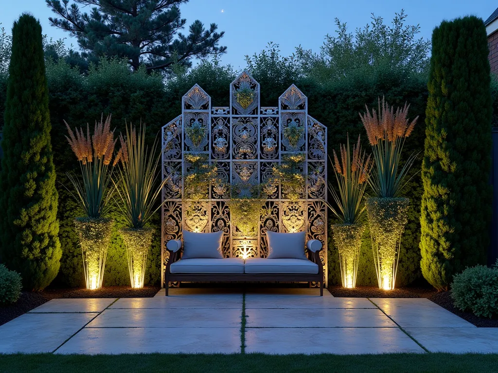 Art Deco Headboard Garden Feature - A stunning twilight garden scene featuring a large, ornate Art Deco metal headboard repurposed as a garden feature wall, photographed with a wide-angle lens. The headboard showcases geometric patterns and chrome-like metallic finishes, with each compartment thoughtfully filled with alternating climbing jasmine and silver-foliaged plants. Soft garden lights illuminate the structure from below, casting dramatic shadows on a natural stone patio. Flanking the headboard are tall ornamental grasses and structured boxwood topiary, while trailing silver dichondra cascades through the geometric openings. The composition is captured during blue hour, with subtle landscape lighting creating a sophisticated ambiance. Shot at f/8 with sophisticated depth of field, emphasizing the intricate Art Deco patterns and botanical elements.