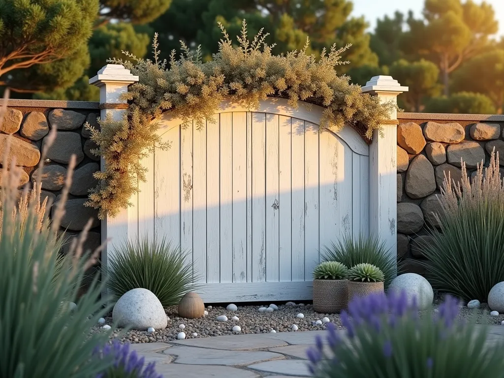 Seaside Headboard Garden Retreat - A tranquil coastal garden setting at golden hour, featuring a weathered white-washed wooden headboard as a focal point against a natural stone wall. The headboard is adorned with climbing beach morning glory and casual arrangements of coastal grasses. Decorative elements include weathered rope wrapped around posts, vintage glass buoys, and artfully scattered seashells nestled among beach pebbles. Ornamental grasses like blue fescue and sea oats sway in the foreground, while potted succulents and hardy lavender add layers of texture. Shot with a wide-angle perspective capturing the entire garden feature bathed in warm sunset light, with subtle depth of field highlighting the intricate details of the weathered headboard and coastal elements.