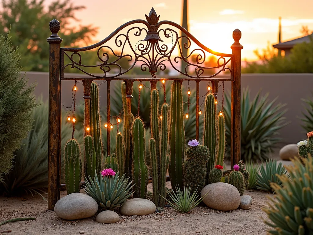 Desert Headboard Garden Display - A weathered vintage brass headboard frame artfully positioned in a backyard garden setting during golden hour sunset, serving as a striking desert plant display. The headboard is mounted vertically in sandy soil surrounded by decorative gravel and river rocks. Various cacti and succulents are artfully arranged within and around the frame, including tall Saguaro, barrel cacti, and flowering agave plants. Desert wildflowers add pops of vibrant color, while string lights intertwined through the headboard's ornate metalwork create a magical ambiance. Shot from a 45-degree angle to capture both the depth of the display and the dramatic desert sunset backdrop, with soft shadows creating interesting patterns on the ground.