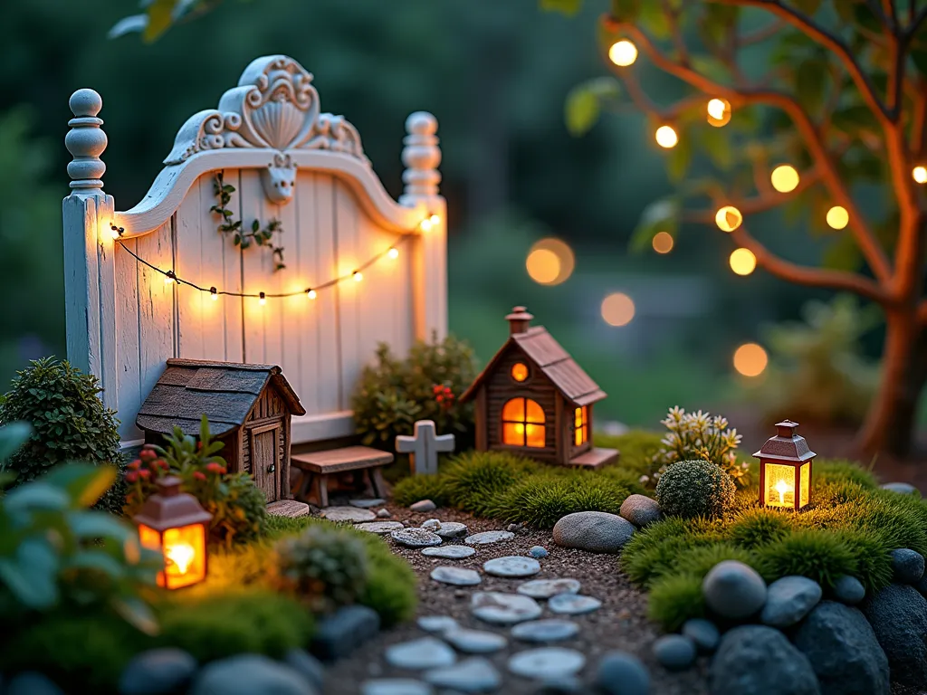 Enchanted Headboard Fairy Garden at Twilight - A magical twilight scene of a vintage white wooden headboard transformed into an enchanting fairy garden backdrop in a cozy backyard corner. The ornate headboard features delicate climbing vines and miniature fairy lights twinkling like stars. In the foreground, a meticulously crafted fairy garden displays tiny moss-covered pathways, miniature fairy houses with glowing windows, and dwarf plants including baby tears, miniature ferns, and tiny succulents. Small-scale furniture, diminutive garden tools, and a miniature pond with lily pads create depth. Soft, warm lighting from carefully placed solar lanterns illuminates the whimsical scene, while fireflies dance in the background. Shot with shallow depth of field, focusing on the intricate fairy garden details while the headboard creates a dreamy, bokeh backdrop. Photographed at f/2.8 with a 35mm focal length during the blue hour, capturing the magical atmosphere.