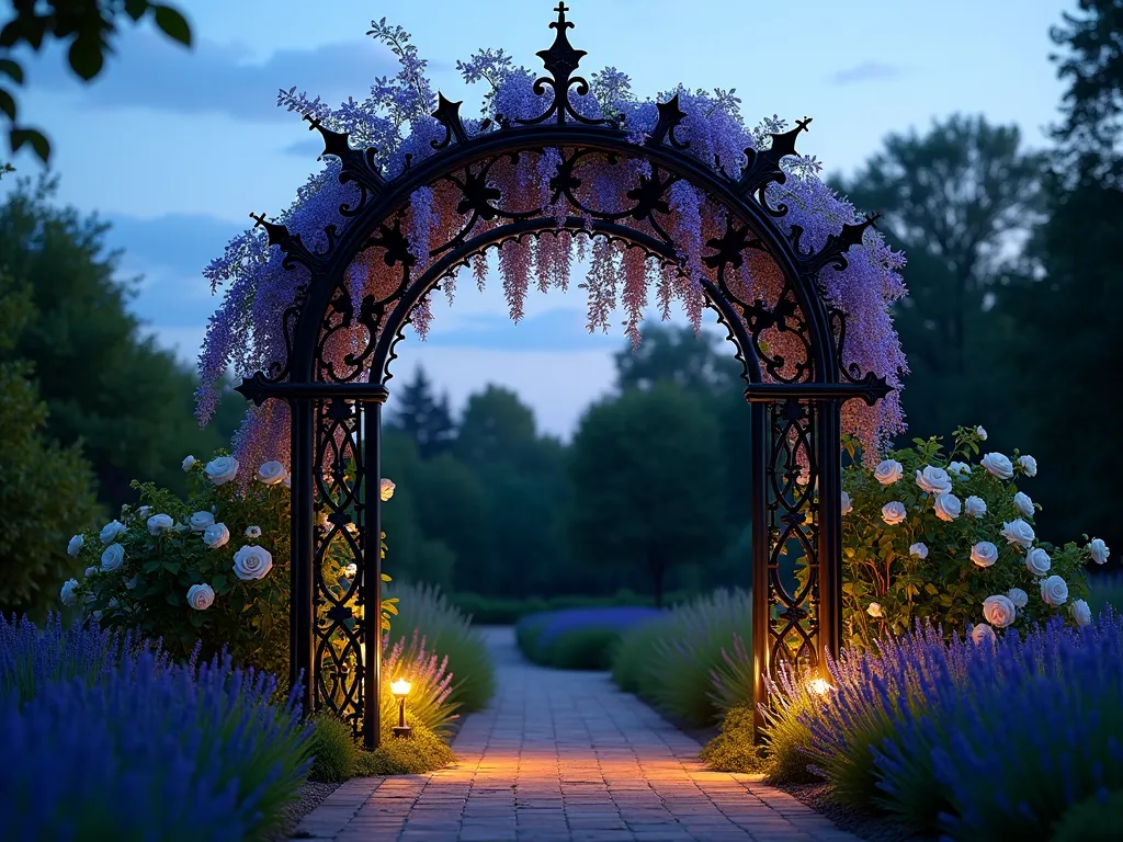 Gothic Headboard Garden Arch at Twilight - A dramatic wide-angle shot of a repurposed ornate Gothic-style metal headboard transformed into a majestic garden arch, captured during the blue hour. The intricate black metalwork features pointed arches and delicate scrollwork, creating a striking silhouette against the dusky sky. Purple wisteria and white climbing roses intertwine through the decorative metalwork, cascading elegantly from the top. The arch spans a rustic brick pathway in a cottage garden, with lavender borders and soft garden lighting illuminating the base. Shot with soft depth of field highlighting the architectural details and blooming flowers, creating a romantic and enchanting atmosphere. Digital camera, 16-35mm lens, f/2.8, ISO 400.