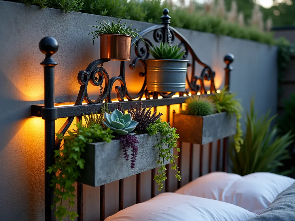 Industrial Metal Headboard Garden Wall - A close-up twilight shot of a weathered wrought iron headboard repurposed as a vertical garden wall in a modern backyard setting. The ornate metal headboard features geometric copper and steel planters attached at various levels, filled with cascading silver falls dichondra, dark purple heuchera, and spiky air plants. LED strip lighting illuminates the structure from behind, casting dramatic shadows on the concrete wall. Industrial-style galvanized metal containers hang from thick chains, showcasing trailing succulents and ferns. The composition is architectural and striking, with clean lines contrasting against the organic plant forms, while warm lighting creates an intimate urban garden atmosphere.