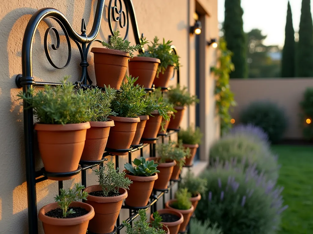 Mediterranean Headboard Garden Wall at Sunset - A vintage wrought iron headboard repurposed as a stunning vertical garden wall in a Mediterranean-style backyard, photographed at golden hour. Multiple tiers of weathered terracotta pots cascade down the ornate black metalwork, bursting with silver-green herbs and Mediterranean plants. Soft evening sunlight filters through rosemary sprigs and lavender stems, casting intricate shadows on the textured stucco wall behind. The composition is captured in a three-quarter angle view, showcasing the full height of the installation while small string lights intertwined in the metalwork add a magical ambiance. Shot with shallow depth of field highlighting the rustic pottery and lush plantings against a softly blurred background of cypress trees.