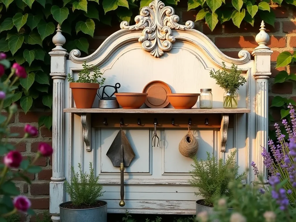 Rustic Headboard Potting Station at Dawn - Close-up shot of a weathered wooden vintage headboard transformed into an elegant potting station in a peaceful garden setting at dawn. The ornate headboard features a distressed white paint finish with intricate carved details, mounted against a brick wall draped with climbing ivy. A reclaimed wood shelf extends across the headboard, displaying terra cotta pots, vintage watering cans, and heirloom garden tools. Antique brass hooks underneath hold garden twine, pruning shears, and hand trowels. The scene is softly lit by early morning sunlight, casting long shadows across the weathered wood surface. Mason jars filled with fresh herbs sit on the shelf, while a vintage metal bucket below contains fresh-cut flowers. The surrounding garden space features lavender plants and climbing roses, creating a dreamy cottage garden atmosphere. Photorealistic, highly detailed, soft natural lighting.