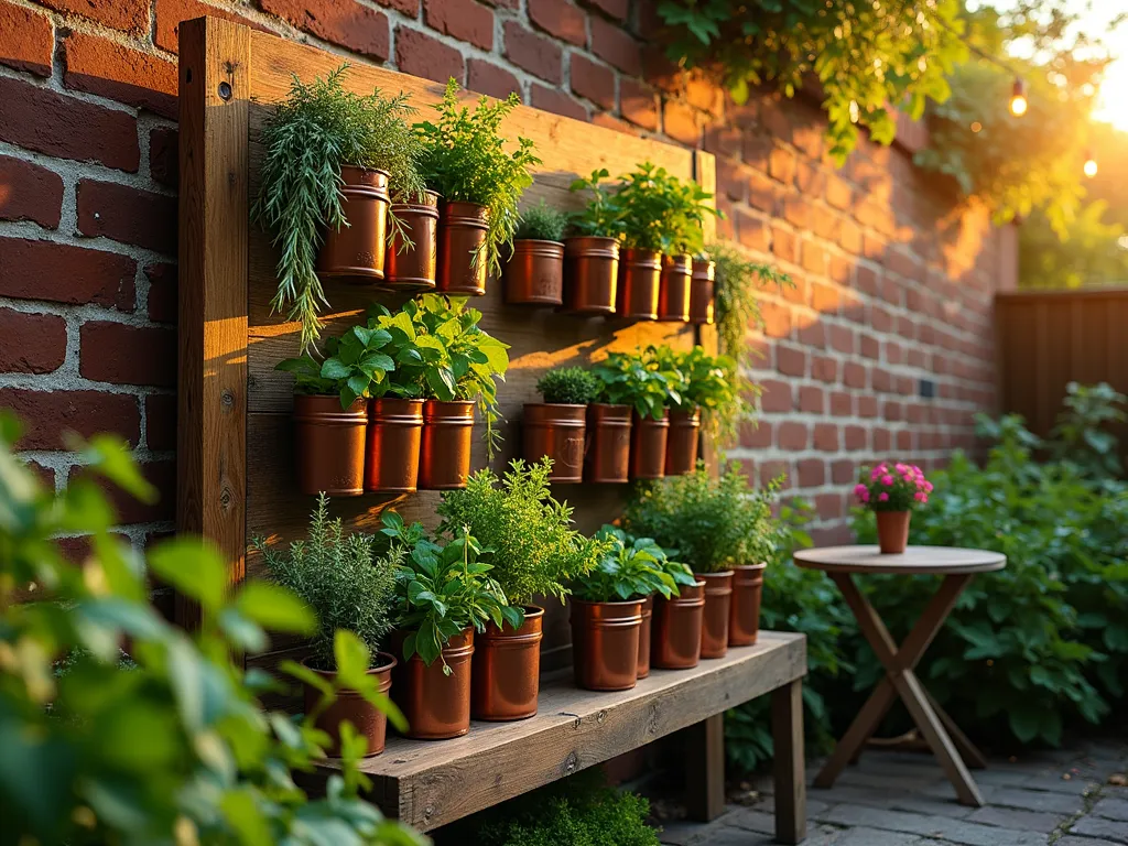 Rustic Wooden Headboard Herb Garden at Sunset - A vintage queen-size wooden headboard repurposed into a vertical herb garden, photographed during golden hour. The weathered oak headboard stands against a rustic brick wall, adorned with mounted copper planters and mason jars containing thriving herbs. Cascading rosemary and trailing thyme spill over the edges, while neat rows of basil, sage, and mint create a living tapestry. Warm sunset light filters through the herbs, casting intricate shadows on the wall. Shot from a slight angle to capture depth, with selective focus on the fresh herbs and textured wood grain. Small bistro set nearby suggests an intimate garden setting, while string lights overhead create ambient atmosphere. DSLR capture, wide-angle lens, f/8, ISO 100, 1/125s, natural golden hour lighting.