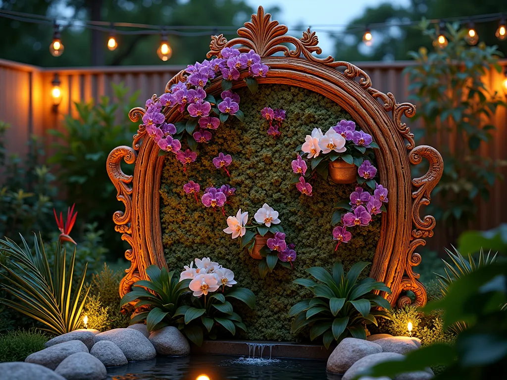 Enchanting Tropical Headboard Garden Screen - A stunning dusk scene of a vintage rattan headboard repurposed as a vertical garden feature in a backyard paradise. The ornate headboard stands 7 feet tall against a garden wall, draped with cascading exotic orchids in vibrant purples and whites. Lush bromeliads in deep reds and oranges nestle in the headboard's curved details, while climbing philodendrons weave through the intricate patterns. Warm ambient lighting illuminates the living wall from below, casting intricate shadows on the surrounding tropical foliage. A small water feature trickles nearby, surrounded by bird of paradise plants and decorative river rocks. Shot from a medium angle to showcase the full transformation of the headboard into a living piece of garden art, with soft bokeh effects in the background capturing string lights in the gathering twilight. Photorealistic, high-end garden design, magical atmosphere.