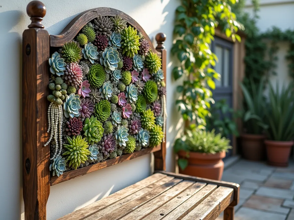 Vertical Succulent Headboard Garden Mosaic - Close-up shot of a rustic wooden headboard mounted vertically on an outdoor garden wall, transformed into a living art piece with a meticulously arranged geometric pattern of colorful succulents. The mosaic design features Echeveria rosettes in soft blues and pinks, spiky Sempervivum in deep purples, trailing String of Pearls cascading down, and compact Sedum in various shades of green. Natural afternoon sunlight casts gentle shadows across the textured living wall, while a weathered wooden bench sits below. The background shows a blurred patio space with potted plants and climbing vines.