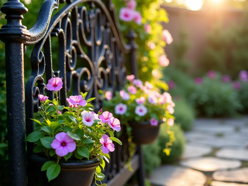 Victorian Living Wall Garden - A stunning close-up shot of an ornate cast iron Victorian headboard transformed into a vertical garden, photographed during golden hour. The intricate scrollwork and decorative patterns of the weathered black headboard frame lush cascading plants. Boston ivy and trailing petunias in soft purples flow gracefully through the ornamental openings, while pocket planters filled with pink climbing roses and white jasmine create a romantic, layered effect. Soft evening sunlight filters through the foliage, casting delicate shadows on the weathered stone patio below. The background shows a blurred English cottage garden. Shot with a 16-35mm lens at f/2.8, ISO 400, capturing the magical interplay of vintage architecture and living botanicals.