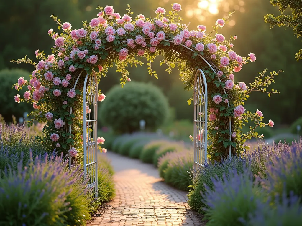 Vintage Headboard Garden Arch with Climbing Roses - A romantic garden arch created from two antique white-painted wrought iron headboards, photographed during golden hour. The headboards form an elegant entryway along a winding brick pathway in a cottage garden setting. Abundant pink climbing roses and delicate white jasmine intertwine through the ornate metalwork, creating a lush natural canopy. Soft evening light filters through the foliage, casting intricate shadows on the path below. The arch is flanked by lavender borders and cottage garden perennials in pastel hues. Shot with a wide-angle lens to capture the full context of the garden setting, with the arch as a focal point leading the eye through the composition. Depth of field reveals the detailed architectural elements of the headboards while maintaining garden context.