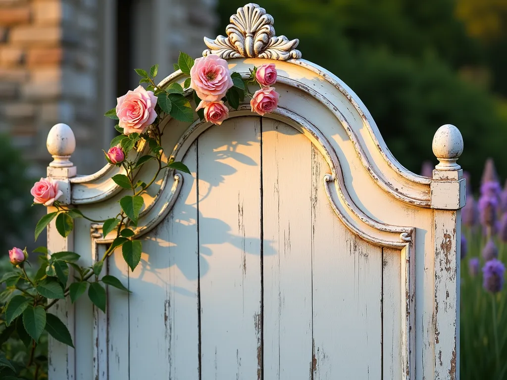 Vintage Headboard Garden Screen with Climbing Roses - A close-up shot of a weathered white wooden headboard repurposed as a garden screen, featuring intricate Victorian-era details and peeling paint. The headboard is mounted in a garden setting during golden hour, with soft sunlight filtering through. Delicate climbing roses in pale pink weave through the ornate scrollwork, while mature clematis vines with purple blooms cascade down one side. The background shows a blurred cottage garden with lavender bushes. The headboard screen is positioned against a natural stone wall, creating depth and texture. Dappled shadows play across the distressed finish, enhancing the romantic, shabby chic aesthetic.