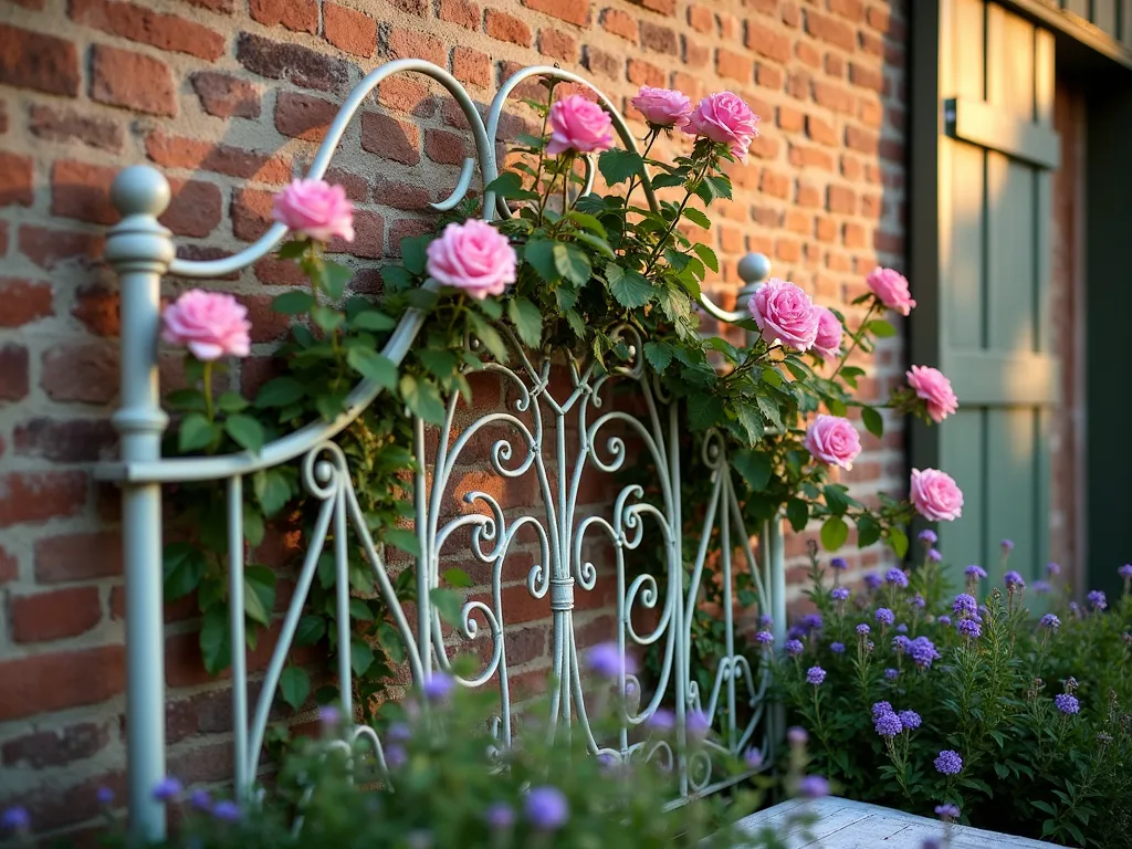 Romantic Iron Bed Frame Garden Trellis - A vintage white iron bed frame repurposed as a garden trellis, photographed during golden hour. The ornate Victorian-style headboard stands 6 feet tall against a rustic brick wall, with climbing pink David Austin roses and purple clematis intertwining through its elaborate scrollwork. Soft evening sunlight filters through the foliage, creating delicate shadows on the weathered wall behind. The bed frame is painted in a distressed sage green finish, surrounded by a cottage garden border with lavender and catmint at its base. Shot with shallow depth of field focusing on the intricate details of blooms against the metalwork, capturing the romantic, whimsical atmosphere of this unique garden feature.