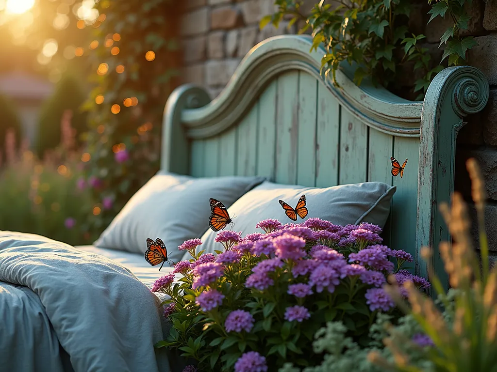 Enchanted Butterfly Haven with Vintage Sleigh Headboard - A dreamy twilight garden scene featuring a weathered wooden sleigh headboard transformed into a magical butterfly garden feature, photographed at golden hour. The curved headboard, painted in a soft sage green with subtle patina, creates a graceful backdrop for cascading purple lantana and pink butterfly bush in full bloom. Several monarch and swallowtail butterflies hover around the flowers, their wings catching the warm evening light. The headboard is positioned against a natural stone wall, with climbing jasmine beginning to weave through its decorative scrollwork. Shot with a wide-angle lens at f/2.8, creating a ethereal bokeh effect in the background where string lights twinkle softly. The scene is complemented by naturalistic landscaping including ornamental grasses and native wildflowers that frame the focal point. Photorealistic, highly detailed, professional garden photography.