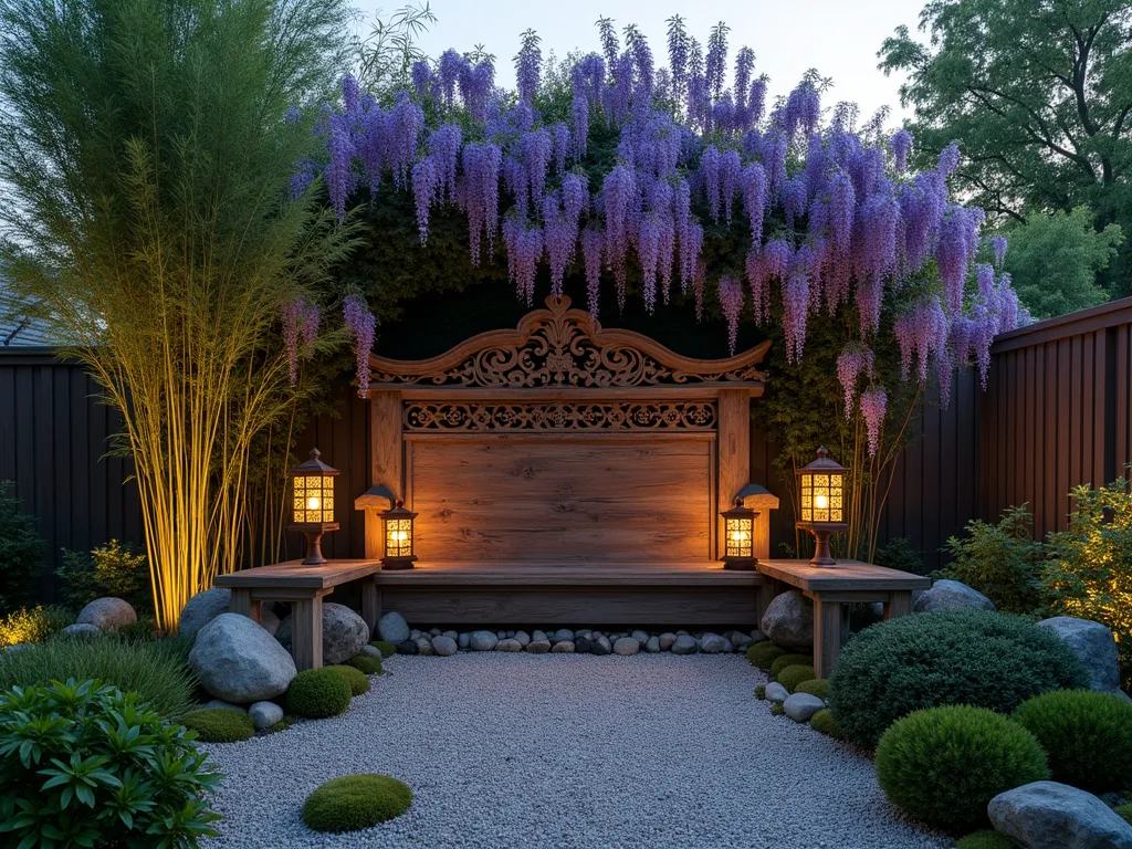 Zen Headboard Garden Feature at Dusk - A serene backyard scene at dusk featuring a weathered wooden oriental-style headboard transformed into a striking garden feature. The headboard's intricate carved patterns cast elegant shadows, surrounded by swaying bamboo stalks and flowing Japanese forest grass. Delicate purple wisteria cascades gracefully over the top of the headboard, while stone lanterns provide soft illumination. A small gravel path leads to the feature, bordered by carefully arranged rocks and moss patches, creating a peaceful Japanese garden atmosphere. Wide-angle shot capturing the entire meditation space with subtle evening lighting.