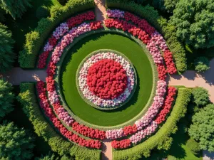 Aerial Hibiscus Garden Layout - Drone view of a well-planned hibiscus garden featuring circular patterns, walking paths, and multiple color zones of blooming hibiscus, showcasing the overall garden design