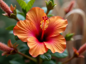 Autumn Hibiscus Transition - Close-up capturing the color transition of hibiscus leaves and late blooms mixed with autumn perennials and ornamental grass seed heads