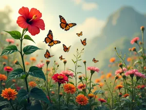 Butterfly Garden Layers - Side view showing the vertical layering of a butterfly garden, from tall hibiscus down to ground-level zinnias, with multiple butterfly species visible at different heights