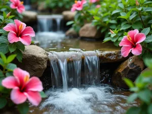 Cascading Hibiscus Garden - Close-up of water cascading over natural stone steps with hardy hibiscus growing between rocks, creating a natural waterfall effect