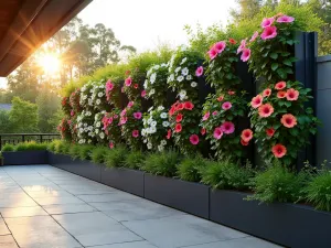 Cascading Hibiscus Wall - A stunning vertical garden wall on a modern patio, featuring multiple varieties of hibiscus in white, pink, and yellow, arranged in contemporary hanging planters, wide-angle view, golden hour lighting