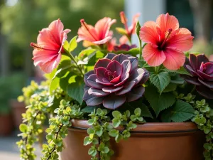 Cascading Tropical Mix - Close-up detail shot of a large copper container with coral hibiscus flowers, purple-veined coleus, and chartreuse sweet potato vine cascading over the edges, late afternoon light