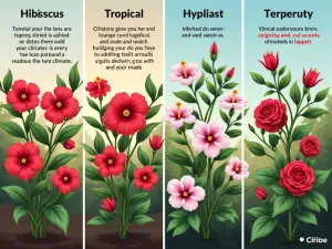 Climate Zone Hibiscus Display - Educational split-image showing different hibiscus varieties thriving in various climate zones, from tropical to temperate, with clear labeling and growing conditions