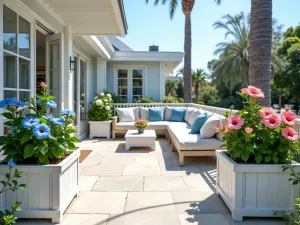 Coastal Hibiscus Sanctuary - A bright coastal-style patio featuring white-painted wooden planters with blue and pink hibiscus, arranged around comfortable seating, wide-angle view