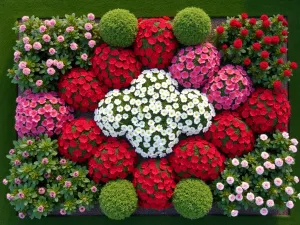 Color Block Border Design - Bird's eye view of a geometric garden border divided into blocks of red, pink, and white hibiscus varieties, creating a modern color block effect