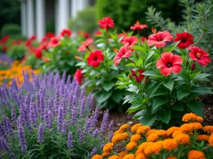 Companion Planting Border - Wide-angle view of a lush garden border featuring hibiscus plants with purple salvias and orange lantanas as ground cover, creating a rich tapestry of colors and textures