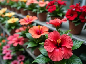 Container Hibiscus Collection - Close-up view of an artfully arranged collection of potted hibiscus plants on a tiered display, showing various colors and varieties in decorative containers