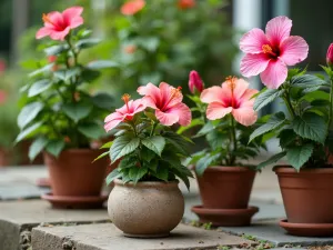 Container Hibiscus Garden - Close-up of an artistic arrangement of potted hibiscus plants in various sizes of decorative containers on a patio, showing different varieties and heights