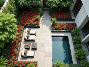 Contemporary Hibiscus Court - Aerial view of a modern courtyard garden featuring geometric planting beds filled with hibiscus, contemporary seating, and minimalist water features