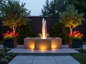 Contemporary Hibiscus Fountain - Modern geometric fountain surrounded by container-planted red hibiscus and striped cannas, captured at dusk with subtle lighting