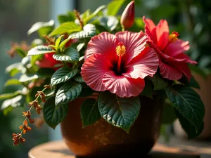 Dramatic Foliage Focus - Close-up detail shot focusing on the textural contrast between giant hibiscus leaves, ruffled coleus foliage, and delicate sweet potato vine tendrils in a bronze container, dramatic side lighting