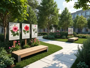 Educational Hibiscus Display - Modern botanical garden display featuring detailed plant identification signs next to different hibiscus varieties, with clear walking paths and modern bench seating, photographed at eye level