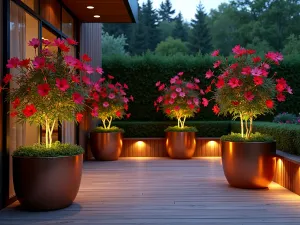 Elegant Hibiscus Corner Display - A luxurious deck corner arrangement featuring large copper planters with vibrant red and pink hibiscus plants, complemented by ambient LED uplighting, photorealistic, architectural photography style