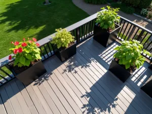 Elevated Hibiscus Display - Aerial view of a modern deck corner with black contemporary planters arranged in a geometric pattern, featuring red hibiscus and lime green sweet potato vine, casting dramatic shadows