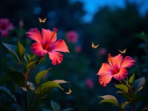 Evening Wildlife Garden - Twilight scene of a hibiscus garden with solar lighting highlighting key plants, showing moths and nocturnal pollinators visiting the flowers