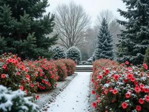 Evergreen Hibiscus Framework - Wide shot of a winter garden showing the structural framework of evergreen hibiscus varieties mixed with conifers and broadleaf evergreens, light dusting of snow