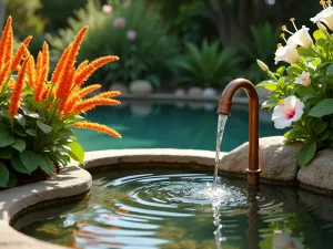 Exotic Water Garden Corner - Corner perspective of a small pond with bright orange cannas and white hibiscus flowers, featuring a copper water spout, Mediterranean style