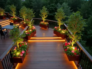 Floating Hibiscus Garden - Aerial view of a multi-level deck with suspended hibiscus planters creating a floating garden effect, illuminated by integrated LED strip lighting