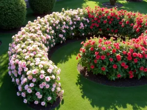 Flowering Privacy Wall - Aerial view of a curved privacy screen made from hardy hibiscus in full bloom, showing pink, white, and red flowers creating a continuous flowering wall